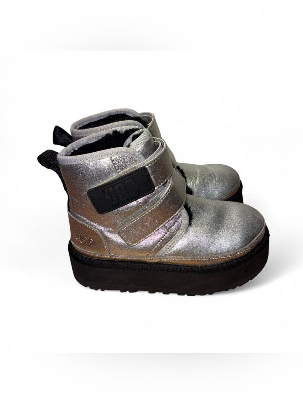UGG Kids Metallic Silver Platform Boots with Velcro Straps